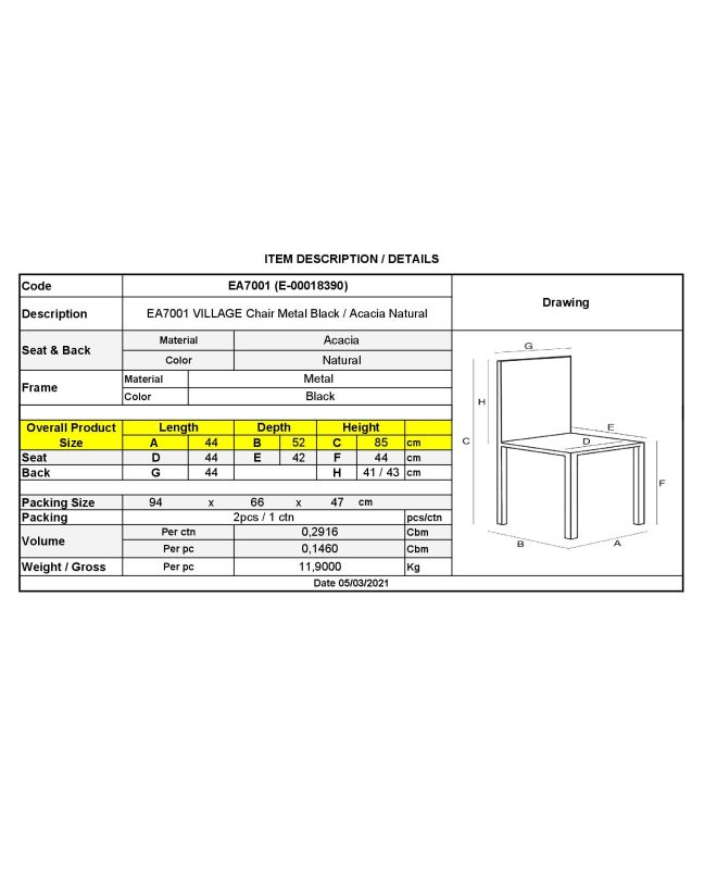 VILLAGE Καρέκλα Tραπεζαρίας, Μέταλλο Βαφή Μαύρο, Ξύλο Ακακία Απόχρωση Φυσικό  44x57x85cm