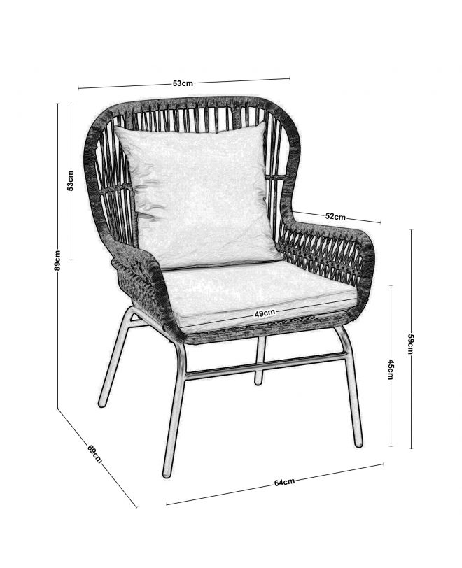 SALSA MAX Πολυθρόνα Μέταλλο Βαφή Μαύρο, Wicker Φυσικό, Μαξιλάρι Μπεζ  64x69x89cm