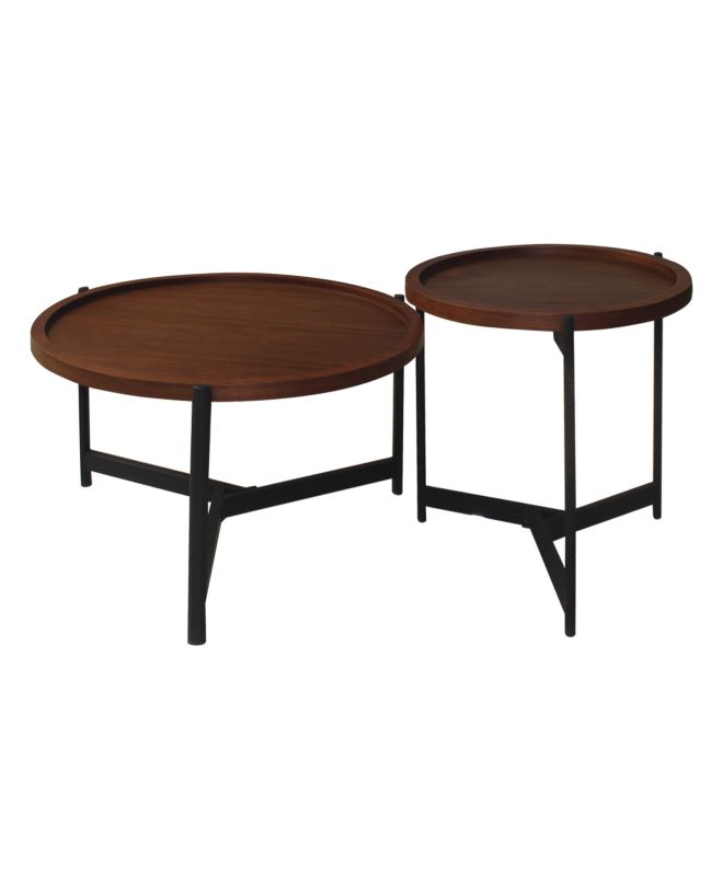 TOSS Set-2 Τραπεζάκια Σαλονιού, Καθιστικού Μέταλλο Βαφή Μαύρο, Απόχρωση Καρυδί  Φ 50 H.54cm + Φ 70 H.40cm