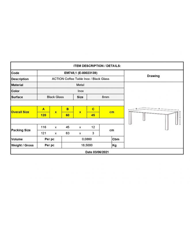 ACTION Tραπεζάκι Σαλονιού - Καθιστικού 120x60cm Inox - Μαυρό Γυαλί 8mm  120x60x45cm