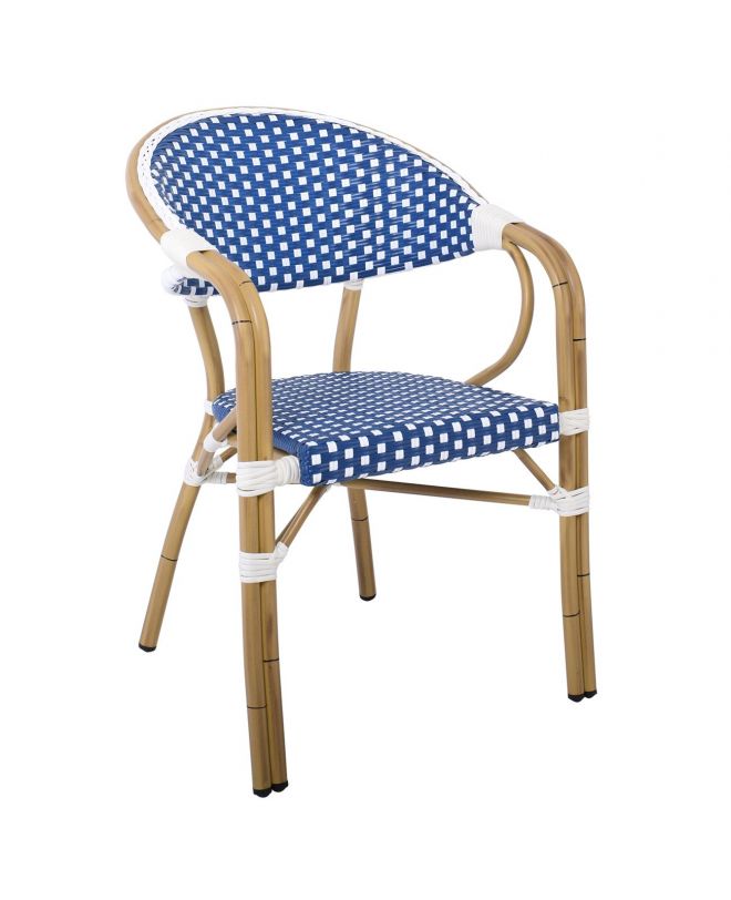PARIS Πολυθρόνα Dining Αλουμίνιο Φυσικό, Wicker Άσπρο - Μπλε, Στοιβαζόμενη  57x59x84cm
