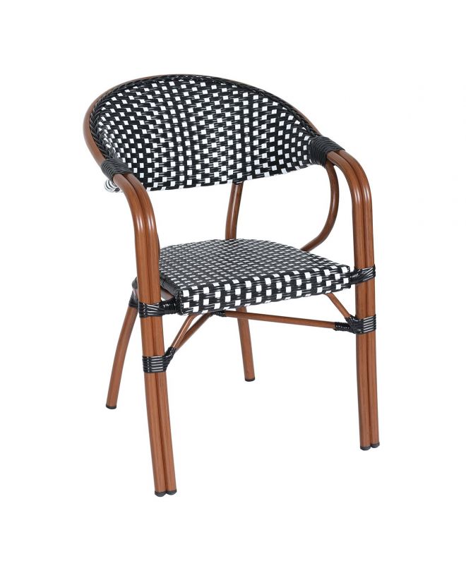 PARIS Πολυθρόνα Dining Αλουμίνιο Καρυδί, Wicker Άσπρο - Μαύρο, Στοιβαζόμενη  57x59x84cm