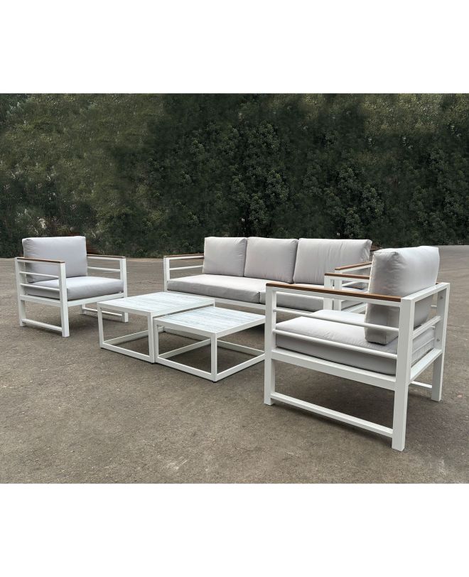 MARILIAN Set Σαλόνι Κήπου, 5τεμ, Μέταλλο Βαφή Άσπρο, Μαξιλάρια Γκρι  2 Πολυθρ+1 Καναπ+2 Τραπεζάκια