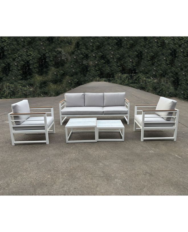 MARILIAN Set Σαλόνι Κήπου, 5τεμ, Μέταλλο Βαφή Άσπρο, Μαξιλάρια Γκρι  2 Πολυθρ+1 Καναπ+2 Τραπεζάκια