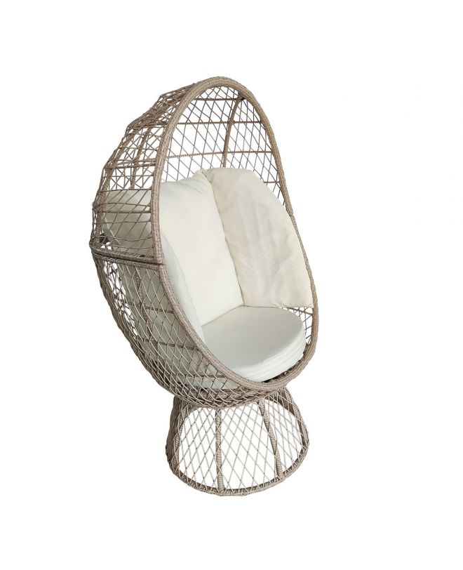 CROWN Πολυθρόνα Egg, Wicker Μπεζ, Μαξιλάρι Άσπρο  78x73x142cm