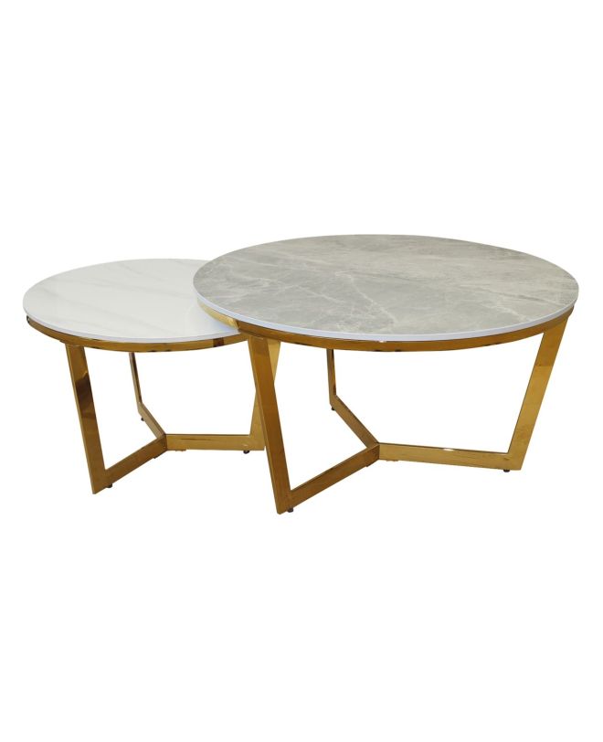 OTTO Set 2 Τραπεζάκια Σαλονιού , Χρώμιο Χρυσό, Sintered Stone Grey-White Marble  Φ.80 H.45cm + Φ.60 H.38cm