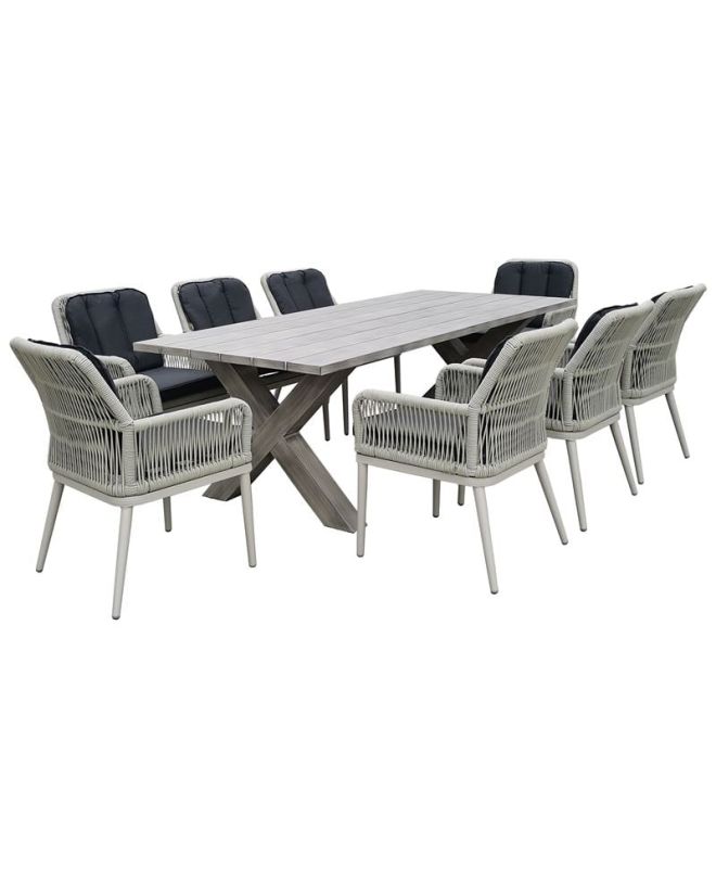 ALLEY Set Τραπεζαρία Κήπου ALU & Rope Grey-Μαξιλ.Ανθρακί: Τραπέζι 220x94 + 8 Πολυθρόνες