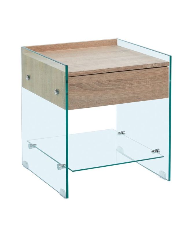 GLASSER Wood Κομοδίνο Διάφανο Γυαλί 10mm - με Συρτάρι Απόχρωση Δρυς
