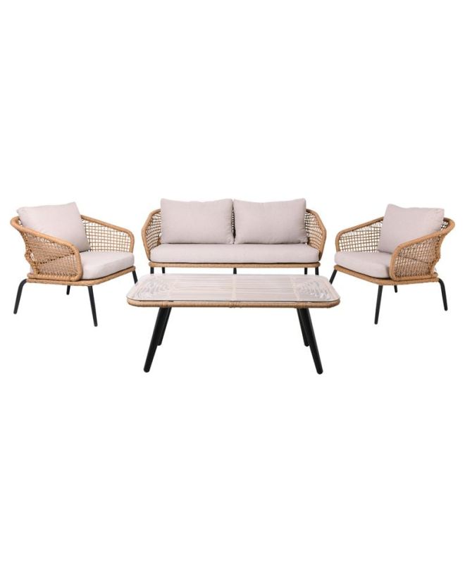 SALSA Plus Set Σαλόνι Κήπου ALU Μαύρο-Γυαλί-Wicker Φυσικό: Τραπέζι+2 Θέσιος+2 Πολυθρόνες  110x55x44-149x74x71-71x71x71cm