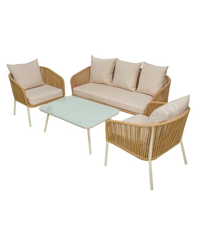 SALSA Rope Set Σαλόνι Κήπου ALU, Απόχρωση Μπεζ-Εκρού: Τραπέζι+2 Θέσιος+2 Πολυθρόνες  100x60x37-155x73x70-68x73x70cm