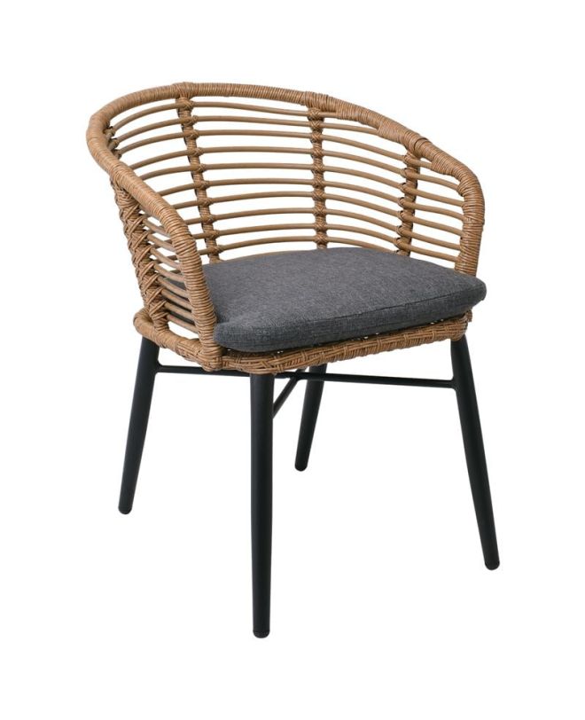 SALSA Πολυθρόνα Στοιβαζόμενη, Αλουμίνιο Βαφή Μαύρο,Wicker Φυσικό, Μαξιλάρι Γκρι  57x63x74cm