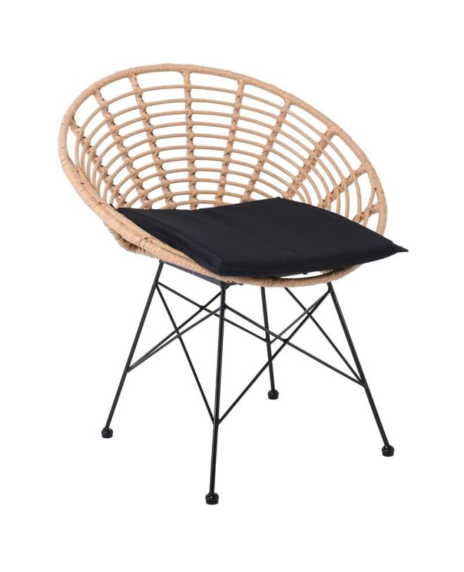 SALSA Coral Πολυθρόνα Κήπου- Τραπεζαρίας, Μέταλλο Μαύρο, Wicker Φυσικό, Μαξιλάρι Μαύρο  72x62x81cm