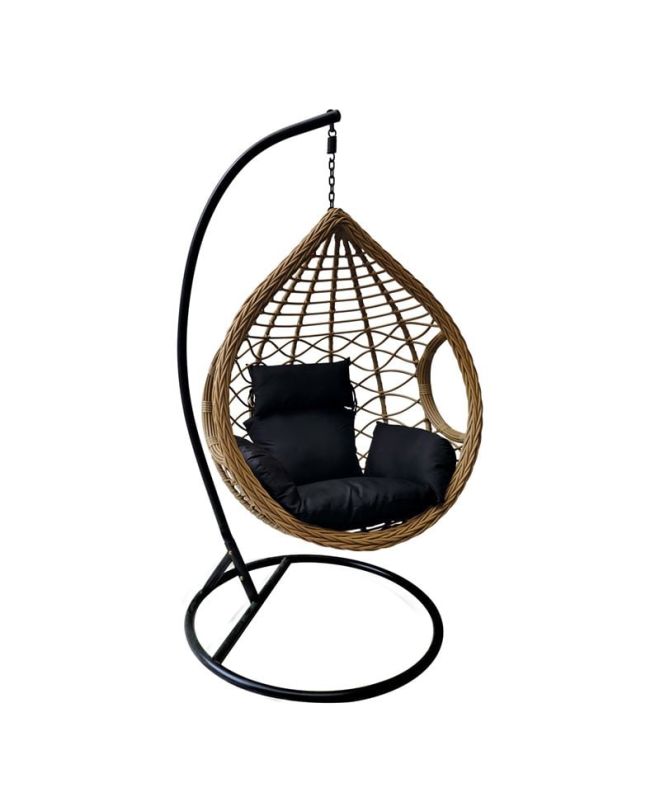 MADRID Κρεμαστή Πολυθρόνα, Wicker Φυσικό, Μέταλλο Βαφή Μαύρο, Μαξιλάρι Μαύρο  Φ105x197cm