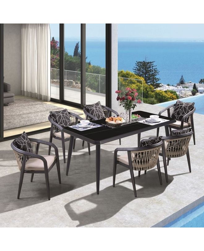 JARDIN Τραπεζαρία ALU Ανθρακί, HPL Μαύρο, Rope Μπεζ: Τραπέζι + 6 Πολυθρόνες με Μαξιλάρια  Table:180x90x75 Chair:63x62x77