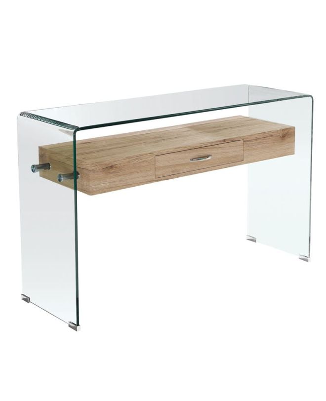 GLASSER Wood Κονσόλα Γυαλί Clear 12mm - Ράφι με Συρτάρι Απόχρωση Δρυς  120x40x75cm