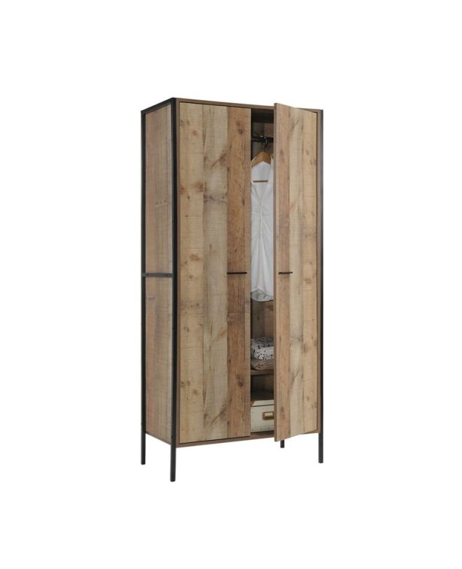 PALLET-W Ντουλάπα Δίφυλλη, 2 Ράφια, Κρεμάστρα, Μέταλλο Βαφή Μαύρο, Απόχρωση Antique Oak  84x52x180cm