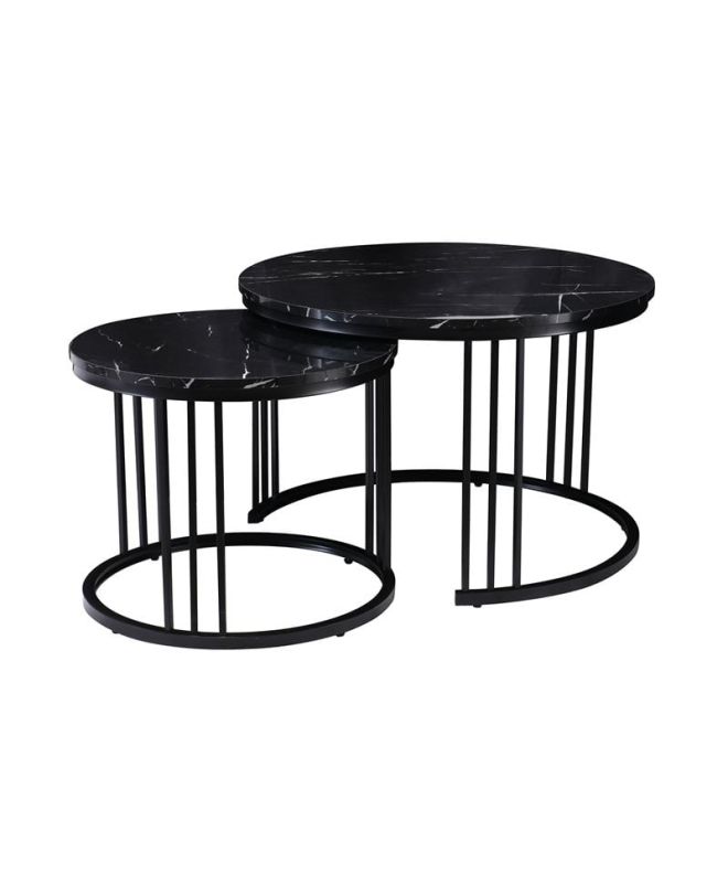 BOZZO Set-2 Τραπεζάκια Σαλονιού-Καθιστικού, Μέταλλο Μαύρο, Απόχρωση Μαύρο Μάρμαρο  Φ.50 H.41cm + Φ.70 H.46cm