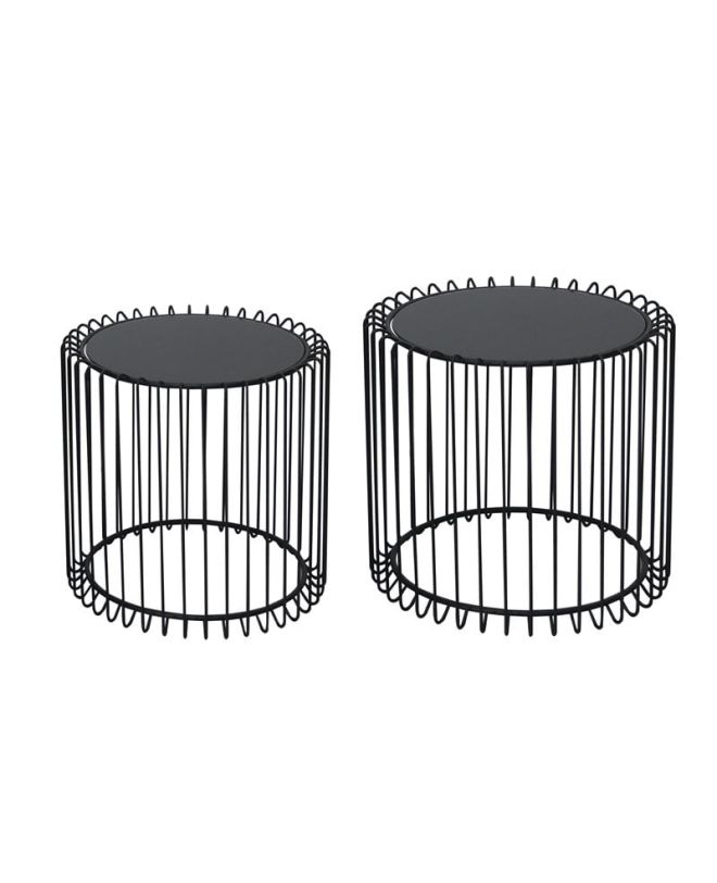 RICO Set-2 Τραπεζάκια Σαλονιού Καθιστικού, Μέταλλο Βαφή Μαύρο, Γυαλί Smoke  Φ45 H.40cm + Φ50 H.45cm